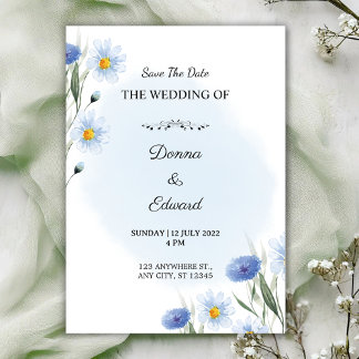 White Blue Beautiful Wedding Invitation Kaart