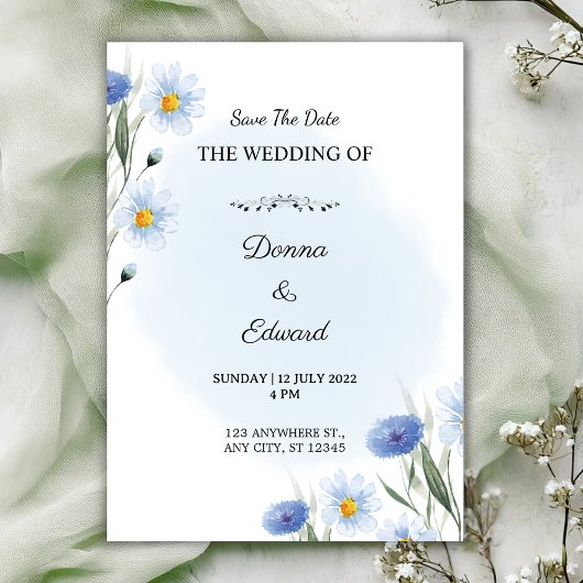White Blue Beautiful Wedding Invitation Kaart