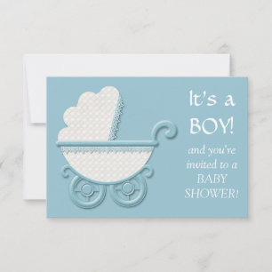 White Blue Buggy Baby Boy Shower Kaart