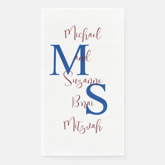 White Blue Burgundy B'nai Mitzvah Name Monogram Servet (Voorkant)