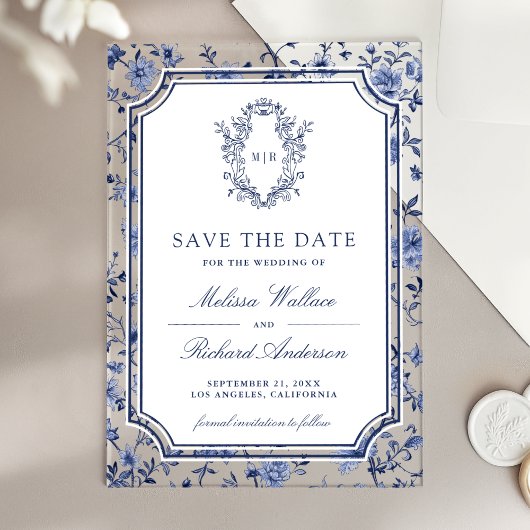 White Blue Chinoiserie Crest Wedding Save the Date Acryl Uitnodigingen