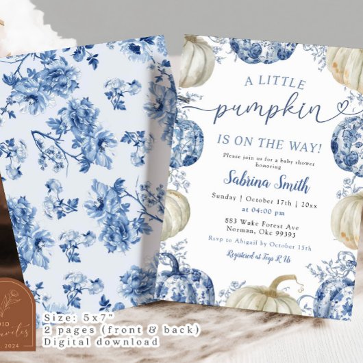 White Blue Chinoiserie Pumpkin Herfst Baby shower Kaart