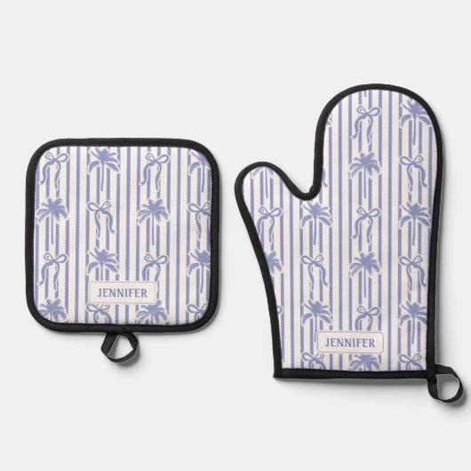 White Blue Coastal Chic Palm Trees Bows Stripes Ovenwant & Pannenlap Set (Voorkant)