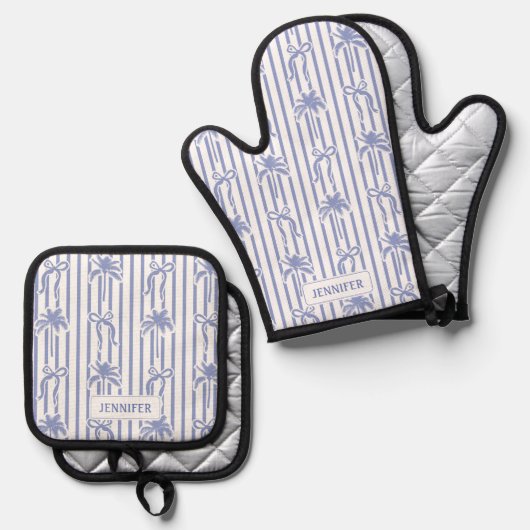 White Blue Coastal Chic Palm Trees Bows Stripes Ovenwant & Pannenlap Set (Voorkant / Achterkant)