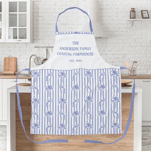 White Blue Coastal Chic Palm Trees Bows Stripes Schort