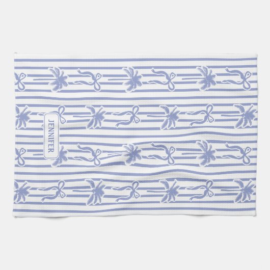 White Blue Coastal Chic Palm Trees Bows Stripes Theedoek (Horizontaal)