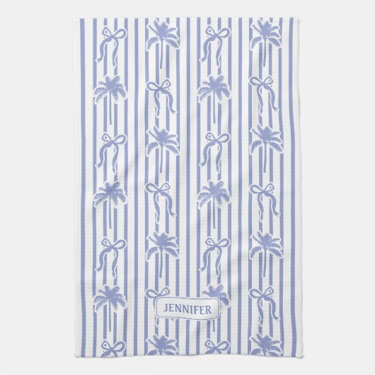 White Blue Coastal Chic Palm Trees Bows Stripes Theedoek (Verticaal)