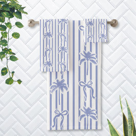 White Blue Coastal Palm Trees Bows Stripes Pattern Bad Handdoek