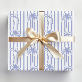 White Blue Coastal Palm Trees Bows Stripes Pattern Cadeaupapier
