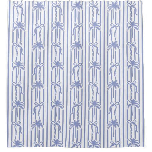 White Blue Coastal Palm Trees Bows Stripes Pattern Douchegordijn (Voorkant)