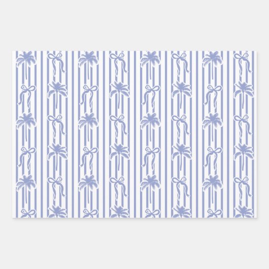 White Blue Coastal Palm Trees Bows Stripes Pattern Inpakpapier Vel (Voorkant)