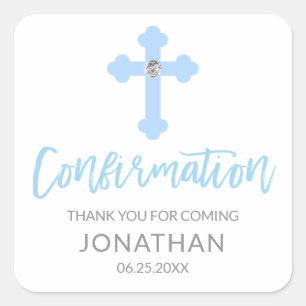 White Blue Cross CONFIRMATION Boy Bedankt Vierkante Sticker