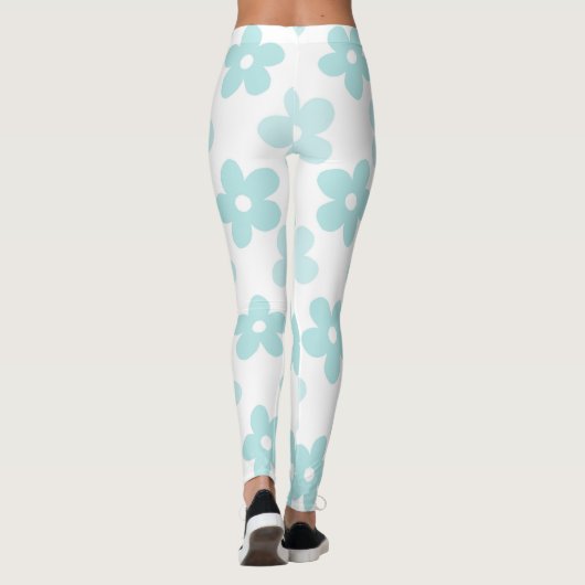 White Blue Daisy Flowers Retro Pattern Leggings (Achterkant)