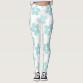 White Blue Daisy Flowers Retro Pattern Leggings (Voorkant)
