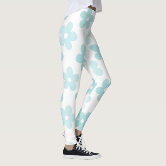 White Blue Daisy Flowers Retro Pattern Leggings (Rechts)