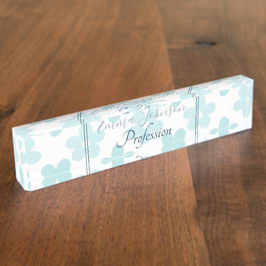 White Blue Daisy Flowers Retro Pattern Naambordje (Zijkant)