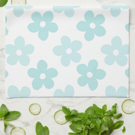 White Blue Daisy Flowers Retro Pattern Theedoek (Gevouwen)