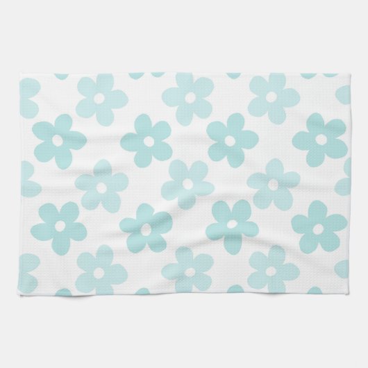 White Blue Daisy Flowers Retro Pattern Theedoek (Horizontaal)
