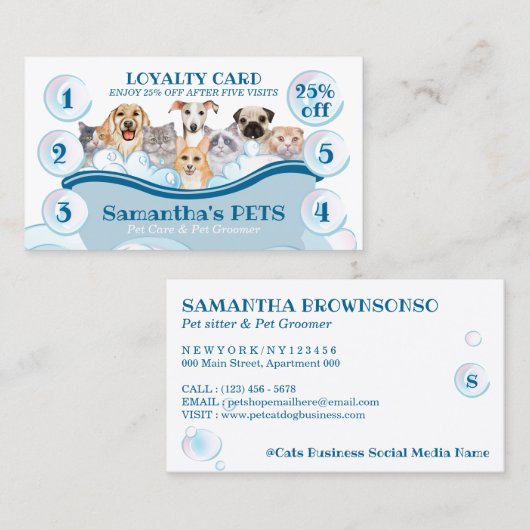 White Blue Dog Cat Groomer Pet Care Bath Loyalty Visitekaartje (Voorkant / Achterkant)