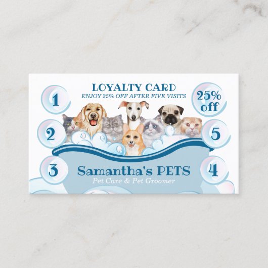 White Blue Dog Cat Groomer Pet Care Bath Loyalty Visitekaartje (Voorkant)
