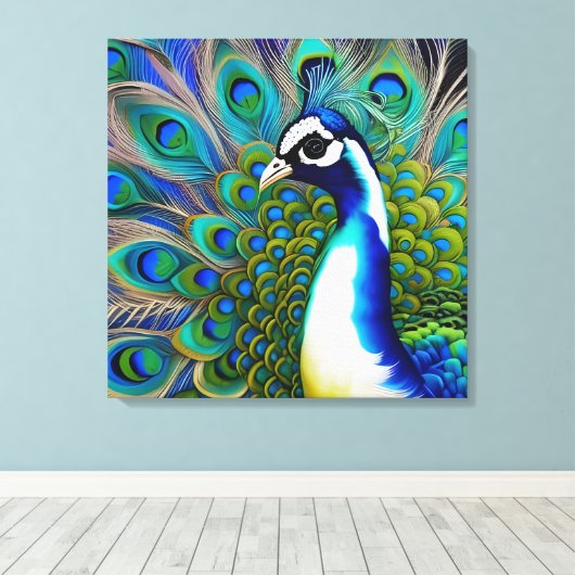 White blue en Green Piebald Peacock Canvas Afdruk (Insitu (Houten vloer))