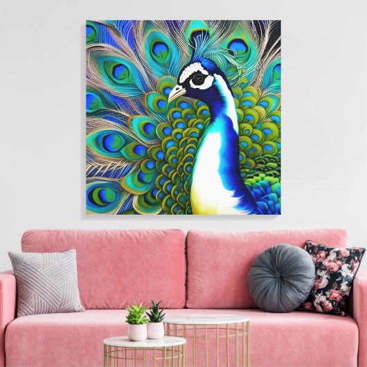 White blue en Green Piebald Peacock Canvas Afdruk (Insitu (Woonkamer))