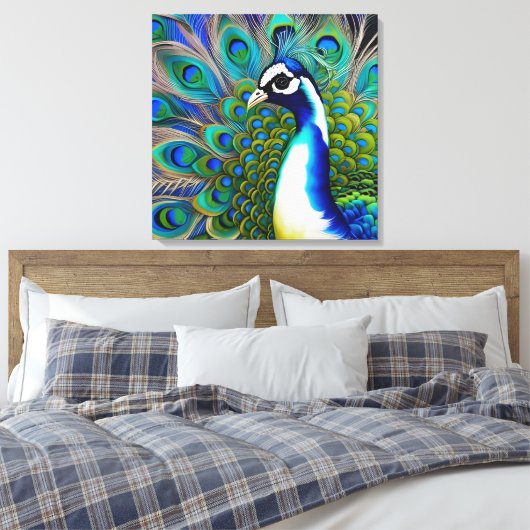 White blue en Green Piebald Peacock Canvas Afdruk (Insitu (Slaapkamer))