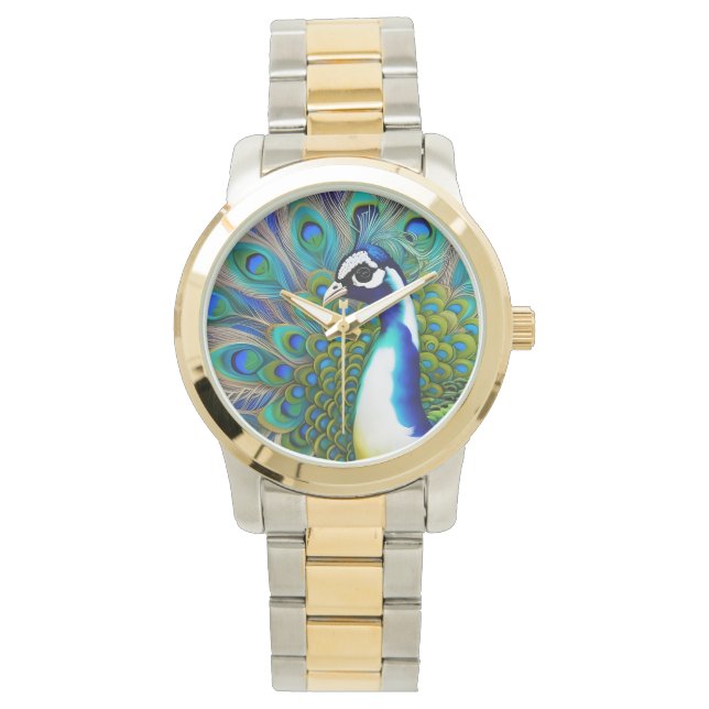 White blue en Green Piebald Peacock Horloge (Voorkant)