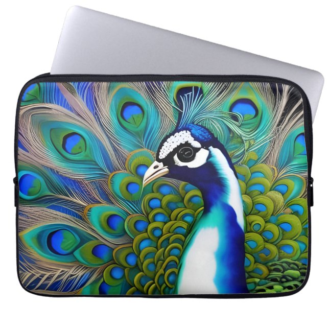 White blue en Green Piebald Peacock Laptop Sleeve (Voorkant)