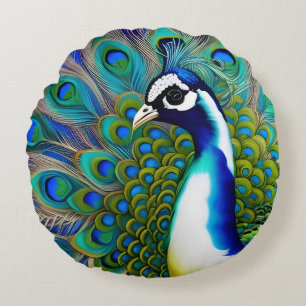 White blue en Green Piebald Peacock Rond Kussen