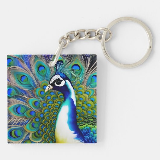 White blue en Green Piebald Peacock Sleutelhanger (Achterkant)