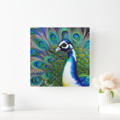 White blue en Green Piebald Peacock Vierkante Klok (Huis)