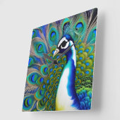 White blue en Green Piebald Peacock Vierkante Klok (Hoek)