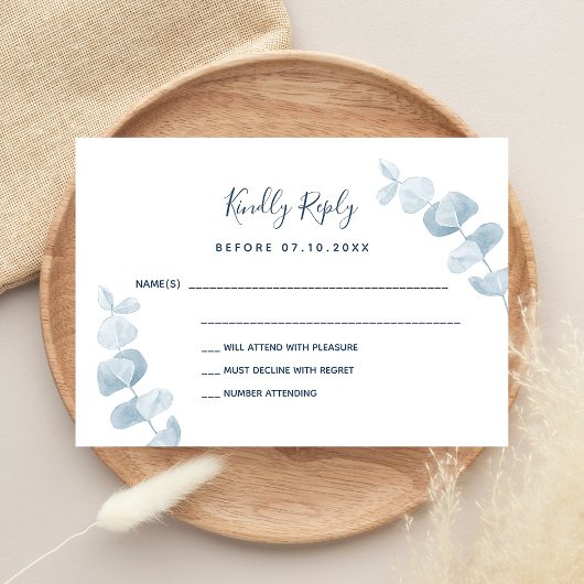 White blue eucalyptus wedding response RSVP Notitiekaartje