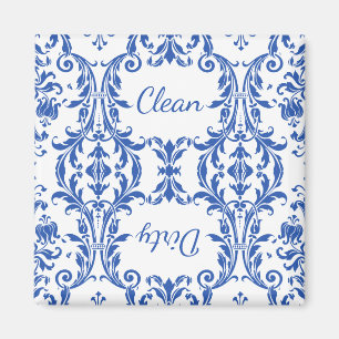 White Blue Floral Damask Dishwasher Clean Dirty Magneet