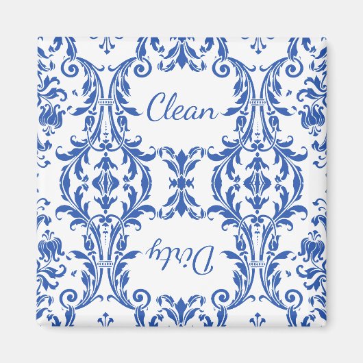 White Blue Floral Damask Dishwasher Clean Dirty Magneet (Voorkant)