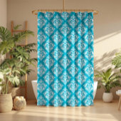 White & Blue Floral Damasks Pattern Douchegordijn