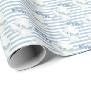 White Blue Floral Eucalyptus Stripes Cadeaupapier