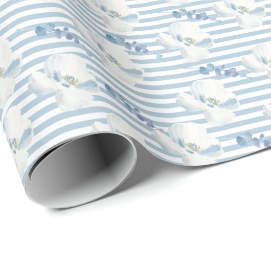 White Blue Floral Eucalyptus Stripes Cadeaupapier (Rol Hoek)