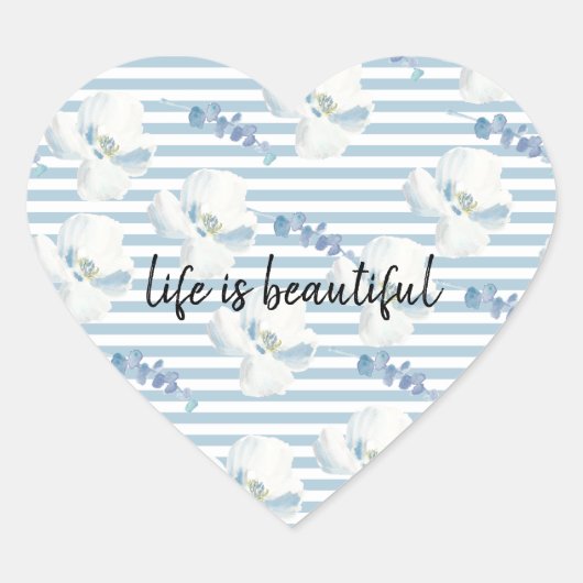 White Blue Floral Eucalyptus Stripes Hart Sticker (Voorkant)