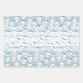 White Blue Floral Eucalyptus Stripes Inpakpapier Vel