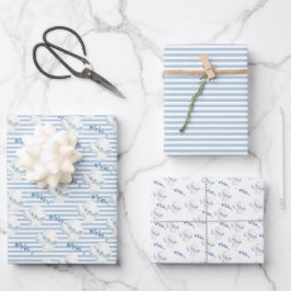 White Blue Floral Eucalyptus Stripes Inpakpapier Vel