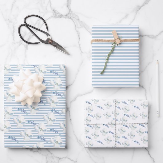 White Blue Floral Eucalyptus Stripes Inpakpapier Vel (Voorkant)
