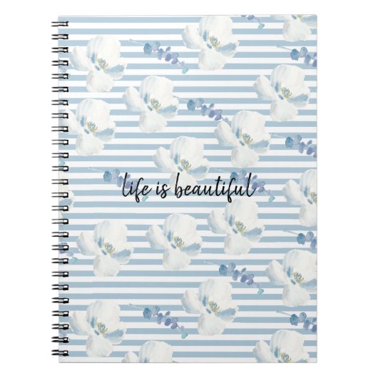 White Blue Floral Eucalyptus Stripes Notitieboek (Voorkant)