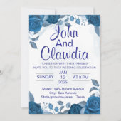 white blue floral geometric wedding invitation kaart (Voorkant)