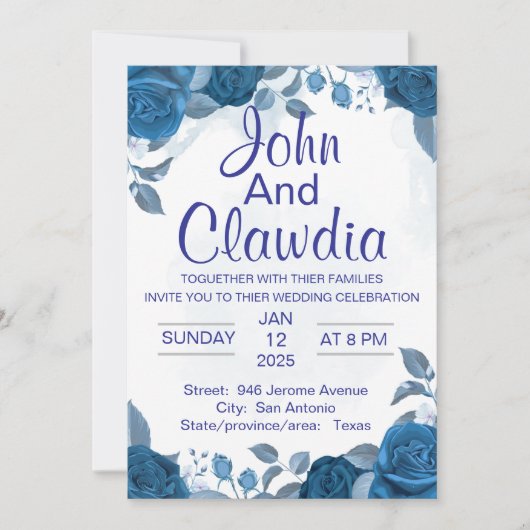white blue floral geometric wedding invitation kaart (Voorkant)