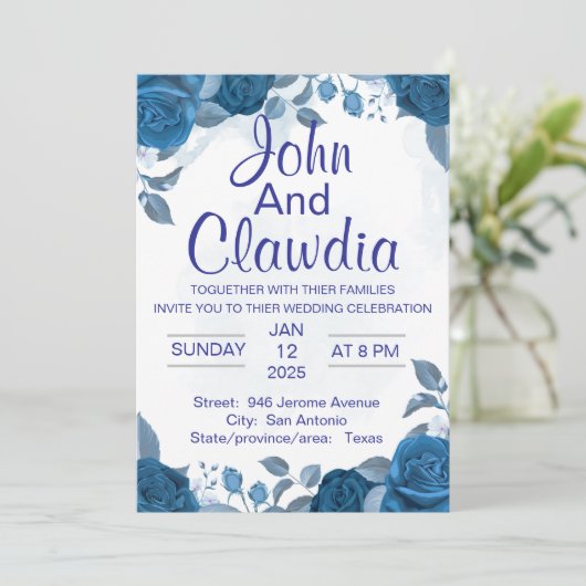 white blue floral geometric wedding invitation kaart (Staand voorkant)