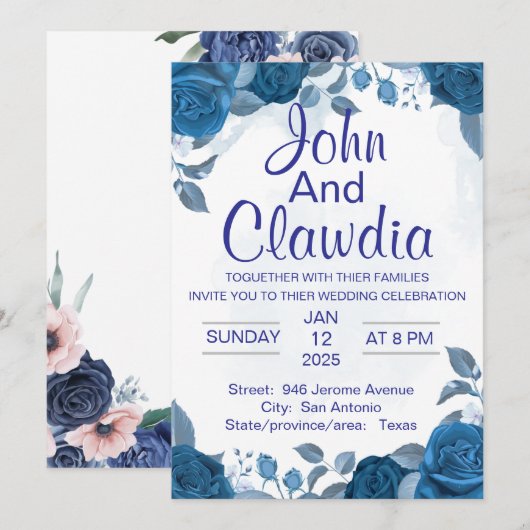 white blue floral geometric wedding invitation kaart (Voorkant / Achterkant)