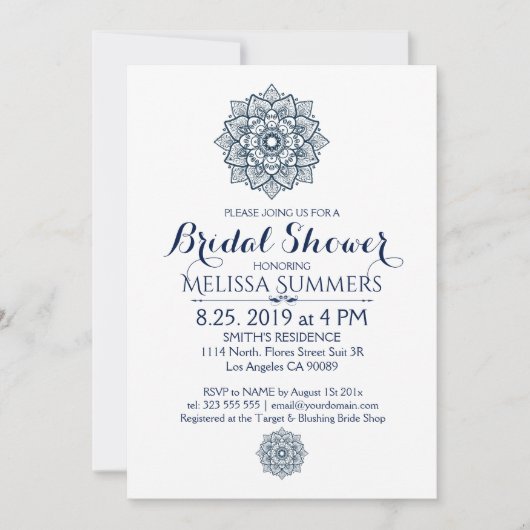 White & Blue Floral Mandala Vrijgezellenfeest Invi Kaart (Voorkant)