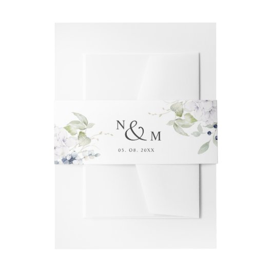 White Blue Floral, Monogram Wedding Uitnodigingen Wikkel (Voorkant Voorbeeld)